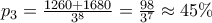 p_3 = \frac{1260+1680}{3^8} = \frac{98}{3^7}\approx 45\%