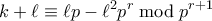 \displaystyle{ k+\ell \equiv \ell p - \ell^2p^r \bmod p^{r+1}}