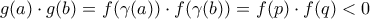 g(a)\cdot g(b)=f(\gamma(a))\cdot f(\gamma(b))=f(p)\cdot f(q)<0