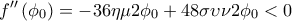 \displaystyle 
f''\left( {\phi _0 } \right) =  - 36\eta \mu 2\phi _0  + 48\sigma \upsilon \nu 2\phi _0  < 0