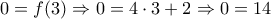 0=f(3)\Rightarrow  0=4&sdot;3+2\Rightarrow 0=14
