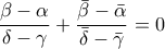 \displaystyle{\frac{\beta-\alpha}{\delta-\gamma}+\frac{\bar{\beta}-\bar{\alpha}}{\bar{\delta}-\bar{\gamma}}=0}