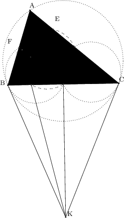 \begin{tikzpicture}[line cap=round,line join=round,>=triangle 45,x=1cm,y=1cm,scale=0.4]\clip(-13.690879837193155,-21.362865433708684) rectangle (43.84110619053327,7.673937137816786);\fill(8.497627273698793,2.791750254436317) -- (6.1458184964405635,-5.136121973661245) -- (17.941852335918433,-4.926904374481229) -- cycle;\draw [dotted] (12,-2.56) circle (6.39592413180439cm);\draw (8.497627273698793,2.791750254436317)-- (6.1458184964405635,-5.136121973661245);\draw (6.1458184964405635,-5.136121973661245)-- (17.941852335918433,-4.926904374481229);\draw (17.941852335918433,-4.926904374481229)-- (8.497627273698793,2.791750254436317);\draw (7.156970271661061,-1.72756165418339)-- (10.972235791035096,0.7692816705917592);\draw (8.497627273698793,2.791750254436317)-- (8.63745432117724,-5.091929656787949);\draw (6.1458184964405635,-5.136121973661245)-- (10.972235791035096,0.7692816705917592);\draw (17.941852335918433,-4.926904374481229)-- (7.156970271661061,-1.72756165418339);\draw (12.29347376583843,-19.106535694879415)-- (6.1458184964405635,-5.136121973661245);\draw (12.29347376583843,-19.106535694879415)-- (17.941852335918433,-4.926904374481229);\draw (12.29347376583843,-19.106535694879415)-- (7.67187767759217,-1.3905882213127712);\draw [dotted] (9.072909248220292,-3.8480609868306423) circle (3.1979620659021952cm);\draw [dotted] (14.970926167959224,-3.7434521872405955) circle (3.197962065902194cm);\draw [dash pattern=on 1pt off 1pt on 1pt off 4pt] (10.29264905302889,-2.3556380468530675) circle (3.1979620659021837cm);\draw (7.67187767759217,-1.3905882213127712)-- (12.043835416179515,-5.031513174071238);\draw (12.29347376583843,-19.106535694879415)-- (12.043835416179515,-5.031513174071238);\draw (12,-2.56)-- (12.043835416179515,-5.031513174071238);\draw (7.156970271661061,-1.72756165418339)-- (8.63745432117724,-5.091929656787949);\draw (10.972235791035096,0.7692816705917592)-- (8.63745432117724,-5.091929656787949);\begin{scriptsize}\draw [fill=black] (12,-2.56) circle (1.5pt);\draw<span style="color:black"> (12.487377403456422,-2.571691127058264) node {O};\draw [fill=black] (8.497627273698793,2.791750254436317) circle (1.5pt);\draw<span style="color:black"> (8.726133547041254,3.3259392398007956) node {A};\draw [fill=black] (6.1458184964405635,-5.136121973661245) circle (1.5pt);\draw<span style="color:black"> (5.5967786585038315,-4.858527391758716) node {B};\draw [fill=black] (17.941852335918433,-4.926904374481229) circle (1.5pt);\draw<span style="color:black"> (18.2345580160588,-4.497447981542854) node {C};\draw [fill=white] (8.63745432117724,-5.091929656787949) circle (1.5pt);\draw<span style="color:white"> (8.87658330129786,-4.557627883245498) node {D};\draw [fill=white] (10.972235791035096,0.7692816705917592) circle (1.5pt);\draw<span style="color:white"> (11.374049221957533,1.8816215989373526) node {E};\draw [fill=white] (7.156970271661061,-1.72756165418339) circle (1.5pt);\draw<span style="color:white"> (6.349027429786865,-0.4954845183170641) node {F};\draw [fill=white] (8.585298106057792,-2.1512760937061586) circle (1.5pt);\draw<span style="color:white"> (9.237662711513716,-1.789352404923899) node {H};\draw [fill= white] (12.29347376583843,-19.106535694879415) circle (1.5pt);\draw<span style="color:white"> (12.728097010266993,-18.760084685069355) node {K};\draw [fill=white] (7.67187767759217,-1.3905882213127712) circle (1.5pt);\draw<span style="color:white"> (8.094244579163504,-1.2477332896001077) node {L};\draw [fill=white] (12.043835416179515,-5.031513174071238) circle (1.5pt);\draw[color=white] (12.818366862820957,-5.550596261339115) node {S};\draw [fill=white] (7.321722885069669,-1.172185859612493) circle (1.5pt);\draw[color=white] (7.071186250218578,-0.37512471491177724) node {M};\draw [fill=white] (13.219739804808595,-1.0675770600224403) circle (1.5pt);\draw[color=white] (13.32989602729342,-0.37512471491177724) node {N};\end{scriptsize}\end{tikzpicture}