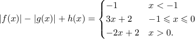 |f(x)| - |g(x)| + h(x) =  \begin{cases} - 1 & x < -1\\ 3x+2 & -1 \leqslant x \leqslant 0 \\ -2x+2 & x > 0.\end{cases}