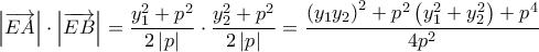 \left| {\overrightarrow {EA} } \right| \cdot \left| {\overrightarrow {EB} } \right| = \dfrac{{y_1^2 + {p^2}}}{{2\left| p \right|}} \cdot \dfrac{{y_2^2 + {p^2}}}{{2\left| p \right|}} = \dfrac{{{{\left( {{y_1}{y_2}} \right)}^2} + {p^2}\left( {y_1^2 + y_2^2} \right) + {p^4}}}{{4{p^2}}}
