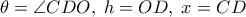 \theta  = \angle CDO,\;h = OD,\;x = CD