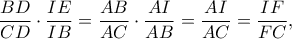 \dfrac{BD}{CD} \cdot \dfrac{IE}{IB}=\dfrac{AB}{AC} \cdot \dfrac{AI}{AB}=\dfrac{AI}{AC}=\dfrac{IF}{FC},