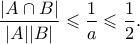 \displaystyle{ \frac{|A \cap B|}{|A||B|} \leqslant \frac{1}{a} \leqslant \frac{1}{2}.} \displaystyle{ \frac{|A \cap B|}{|A||B|} \leqslant \frac{1}{a} \leqslant \frac{1}{2}.}