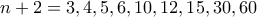 n+2= 3, 4, 5,  6, 10,  12, 15 , 30 , 60