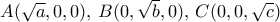 A(\sqrt a, 0, 0), \, B(0, \sqrt b, 0), \, C(0,0, \sqrt c)