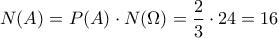 \displaystyle{ 
N(A) = P(A) \cdot N(\Omega ) = \frac{2}{3} \cdot 24 = 16 
}