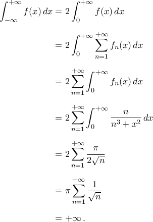 \begin{aligned}
\displaystyle\int_{-\infty}^{+\infty}{f(x)\,dx}&=2\int_{0}^{+\infty}{f(x)\,dx}\\\noalign{\vspace{0.2cm}}
&=2\int_{0}^{+\infty}{\mathop{\sum}\limits_{n=1}^{+\infty}f_{n}(x)\,dx}\\\noalign{\vspace{0.2cm}}
&=2\mathop{\sum}\limits_{n=1}^{+\infty}\int_{0}^{+\infty}{f_{n}(x)\,dx}\\\noalign{\vspace{0.2cm}}
&=2\mathop{\sum}\limits_{n=1}^{+\infty}\int_{0}^{+\infty}{\dfrac{n}{n^3+x^2}\,dx}\\\noalign{\vspace{0.2cm}}
&=2\mathop{\sum}\limits_{n=1}^{+\infty}{\frac{\pi}{2\sqrt{n}}\\\noalign{\vspace{0.2cm}}
&=\pi\mathop{\sum}\limits_{n=1}^{+\infty}{\frac{1}{\sqrt{n}}\\\noalign{\vspace{0.2cm}}
&=+\infty\,.
\end{aligned} \begin{aligned}
\displaystyle\int_{-\infty}^{+\infty}{f(x)\,dx}&=2\int_{0}^{+\infty}{f(x)\,dx}\\\noalign{\vspace{0.2cm}}
&=2\int_{0}^{+\infty}{\mathop{\sum}\limits_{n=1}^{+\infty}f_{n}(x)\,dx}\\\noalign{\vspace{0.2cm}}
&=2\mathop{\sum}\limits_{n=1}^{+\infty}\int_{0}^{+\infty}{f_{n}(x)\,dx}\\\noalign{\vspace{0.2cm}}
&=2\mathop{\sum}\limits_{n=1}^{+\infty}\int_{0}^{+\infty}{\dfrac{n}{n^3+x^2}\,dx}\\\noalign{\vspace{0.2cm}}
&=2\mathop{\sum}\limits_{n=1}^{+\infty}{\frac{\pi}{2\sqrt{n}}\\\noalign{\vspace{0.2cm}}
&=\pi\mathop{\sum}\limits_{n=1}^{+\infty}{\frac{1}{\sqrt{n}}\\\noalign{\vspace{0.2cm}}
&=+\infty\,.
\end{aligned}