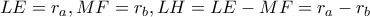 \displaystyle{LE = {r_a},MF = {r_b},LH = LE - MF = {r_a} - {r_b}}