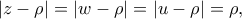 |z-\rho|=|w-\rho|=|u-\rho|=\rho,