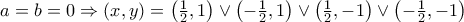 a = b = 0 \Rightarrow \left( {x,y} \right) = \left( {\frac{1}{2},1} \right) \vee \left( { - \frac{1}{2},1} \right) \vee \left( {\frac{1}{2}, - 1} \right) \vee \left( { - \frac{1}{2}, - 1} \right)