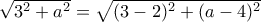 \sqrt {3^2+a^2} = \sqrt { (3-2)^2+(a-4)^2}