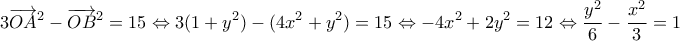 \displaystyle{3\overrightarrow {OA}^2 -\overrightarrow {OB}^2 = 15\Leftrightarrow 3(1+y^2)-(4x^2+y^2)=15\Leftrightarrow -4x^2+2y^2=12\Leftrightarrow \frac{y^2}{6}-\frac{x^2}{3}=1}