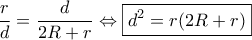 \dfrac{r}{d} = \dfrac{d}{{2R + r}} \Leftrightarrow \boxed{{d^2} = r(2R + r)} \dfrac{r}{d} = \dfrac{d}{{2R + r}} \Leftrightarrow \boxed{{d^2} = r(2R + r)}