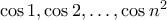 \cos{1},\cos{2},\ldots,\cos{n^2}