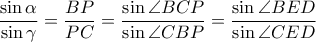 \dfrac{\sin \alpha}{\sin \gamma}=\dfrac{BP}{PC}=\dfrac{\sin \angle BCP}{\sin \angle CBP}=\dfrac{\sin \angle BED}{\sin \angle CED}
