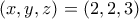 \displaystyle{(x,y,z)=(2,2,3)} \displaystyle{(x,y,z)=(2,2,3)}