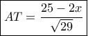 \boxed{AT = \frac{{25 - 2x}}{{\sqrt {29} }}}
