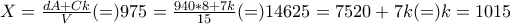 X=\frac{dA+Ck}{V}(=)975=\frac{940*8 + 7k}{15} (=)14625=7520 + 7k (=)k=1015