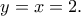 \displaystyle{y=x=2.}