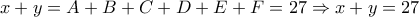 x+y=A+B+C+D+E+F=27 \Rightarrow x+y=27