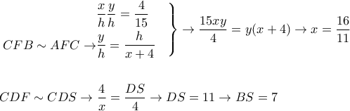 \displaystyle{ 
\begin{aligned} 
&  
\left. 
\begin{aligned} 
& {x \over h}{y \over h} = {4 \over 15} \cr 
CFB \sim AFC \rightarrow & {y \over h} = {h \over x+4} 
\end{aligned} \right\} \rightarrow {15xy \over 4} = y(x+4) \rightarrow x = {16 \over 11} 
\cr 
& \cr 
& CDF \sim CDS \rightarrow {4 \over x} = {DS \over 4} \rightarrow DS = 11 \rightarrow BS=7 \cr 
\end{aligned} 
}