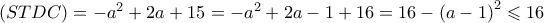 \left( {STDC} \right) =  - {a^2} + 2a + 15 =  - {a^2} + 2a - 1 + 16 = 16 - {\left( {a - 1} \right)^2} \leqslant 16