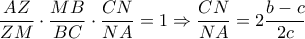 \dfrac{AZ}{ZM}\cdot \dfrac{MB}{BC}\cdot \dfrac{CN}{NA}=1\Rightarrow \dfrac{CN}{NA}=2 \dfrac{b-c}{2c}