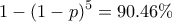 \displaystyle 1-(1-p)^5=90.46 \% \displaystyle 1-(1-p)^5=90.46 \%