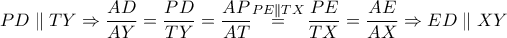 PD\parallel TY\Rightarrow \dfrac{AD}{AY}=\dfrac{PD}{TY}=\dfrac{AP}{AT}\overset{PE\parallel TX}{\mathop{=}}\,\dfrac{PE}{TX}=\dfrac{AE}{AX}\Rightarrow ED\parallel XY
