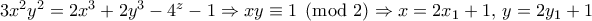 3x^2y^2=2x^3+2y^3-4^z-1 \Rightarrow xy \equiv 1 \pmod 2 \Rightarrow x=2x_1+1, \, y=2y_1+1