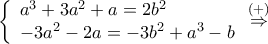 \left\{ {\begin{array}{*{20}{l}}
{{a^3} + 3{a^2} + a = 2{b^2}} \\
{ - 3{a^2} - 2a = - 3{b^2} + {a^3} - b}
\end{array}} \right.\mathop \Rightarrow \limits^{\left( + \right)} \left\{ {\begin{array}{*{20}{l}}
{{a^3} + 3{a^2} + a = 2{b^2}} \\
{ - 3{a^2} - 2a = - 3{b^2} + {a^3} - b}
\end{array}} \right.\mathop \Rightarrow \limits^{\left( + \right)}