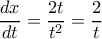 \displaystyle{\dfrac {dx}{dt} =\dfrac {2t}{t^2} =\dfrac {2}{t}}