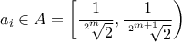 \displaystyle{a_{i}\in A=\left[\frac{1}{\sqrt[2^{m}]{2}},\frac{1}{\sqrt[2^{m+1}]{2}}\right)}