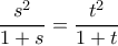 \dfrac {s^2}{1+s} = \dfrac {t^2}{1+t}