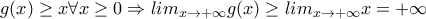 g(x)\geq x \forall x\geq 0 \Rightarrow lim_{x\rightarrow+\infty}g(x)\geq lim_{x\rightarrow+\infty}x=+\infty