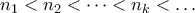\displaystyle{n_1<n_2<\dots<n_k<\dots}