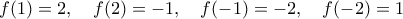 f(1)=2,\quad 
f(2)=-1,\quad 
f(-1)=-2,\quad 
f(-2)=1