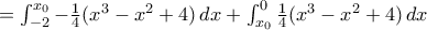 =\int_{-2}^{x_0} -\frac{1}{4}(x^3-x^2+4)\,dx + \int_{x_0}^{0} \frac{1}{4}(x^3-x^2+4) \,dx