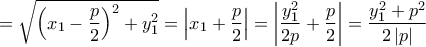 = \sqrt {{{\left( {{x_1} - \dfrac{p}{2}} \right)}^2} + y_1^2}  = \left| {{x_1} + \dfrac{p}{2}} \right| = \left| {\dfrac{{y_1^2}}{{2p}} + \dfrac{p}{2}} \right| = \dfrac{{y_1^2 + {p^2}}}{{2\left| p \right|}}