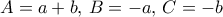 A = a+b, \, B = -a,\, C = -b