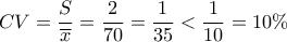 \displaystyle{CV=\frac{S}{\overline{x}}=\frac{2}{70}=\frac{1}{35}<\frac{1}{10}=10\%}