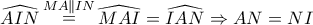 \displaystyle \widehat{AIN} \mathop = \limits^{MA \parallel IN} \widehat{MAI}=\widehat{IAN} \Rightarrow AN=NI