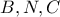 \displaystyle{B,N,C}