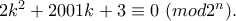 2k^2 + 2001k + 3 \equiv 0 \ (mod 2^n).