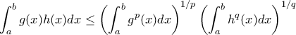 \displaystyle{ \int _a^bg(x)h(x) dx \le \left ( \int _a^b g^p(x) dx \right )^{1/p} \left ( \int _a^b h^q(x) dx \right )^{1/q} } \displaystyle{ \int _a^bg(x)h(x) dx \le \left ( \int _a^b g^p(x) dx \right )^{1/p} \left ( \int _a^b h^q(x) dx \right )^{1/q} }